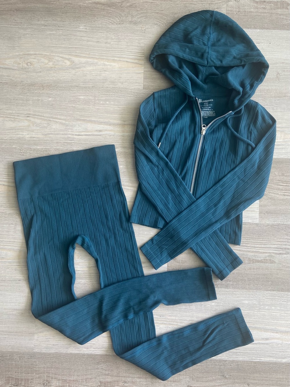 No Boundaries Ribbed Cropped Zip Hoodie & Leggings Set Teal XS